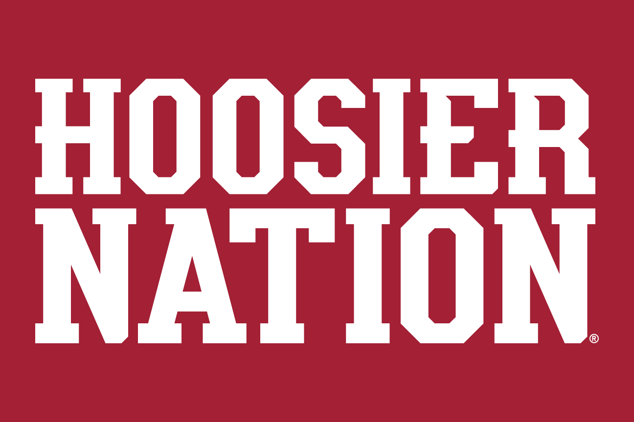HOOSIER NATION wordmark, arched white outline on crimson variant, cell 38