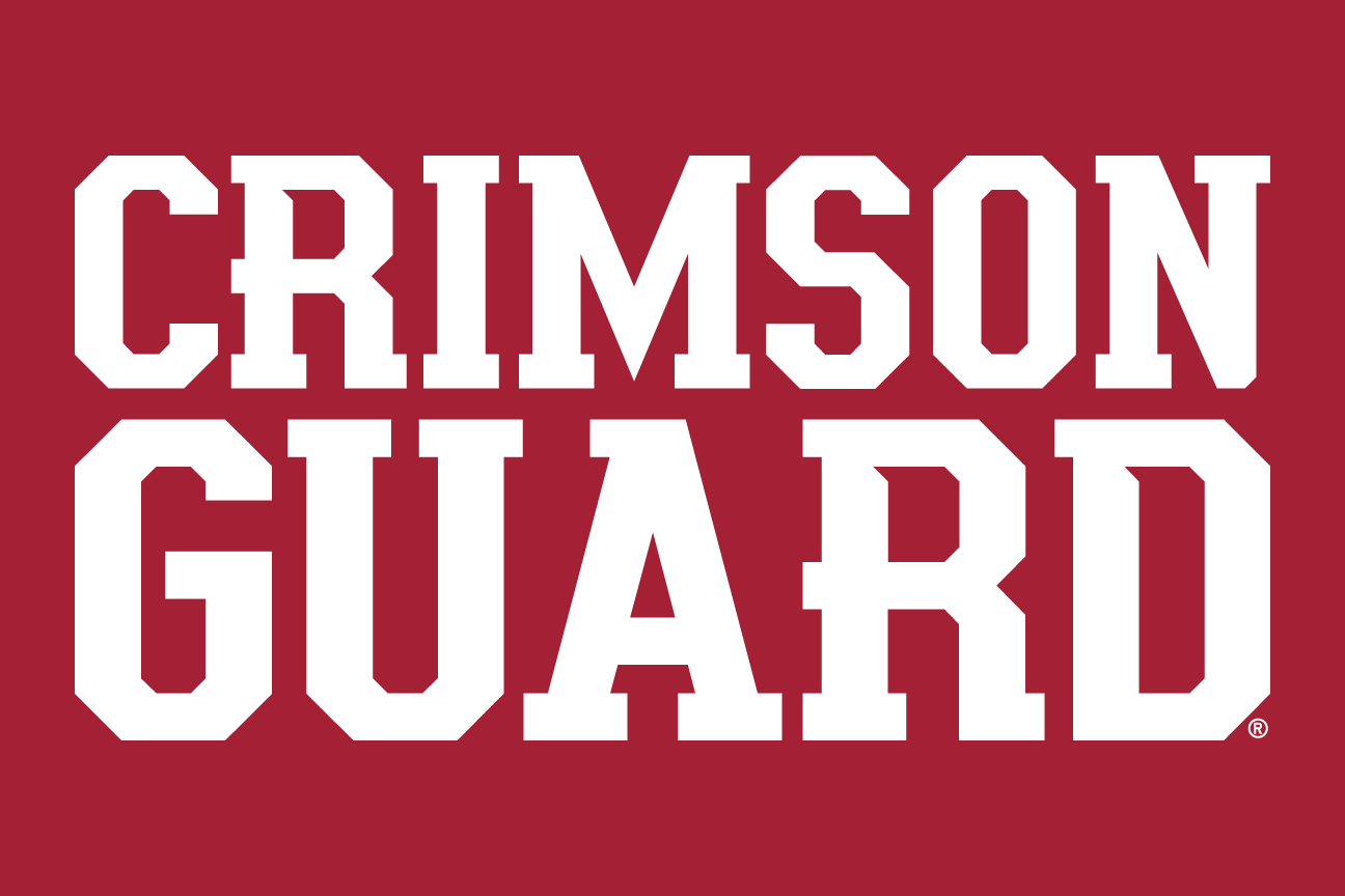 CRIMSON GUARD wordmark, arched white outline on crimson variant, cell 46