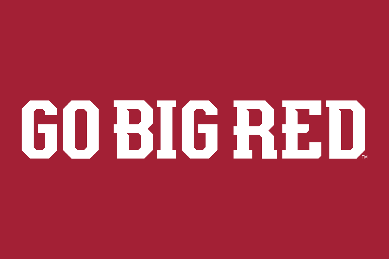 GO BIG RED wordmark, straight white outline on crimson variant, cell 54