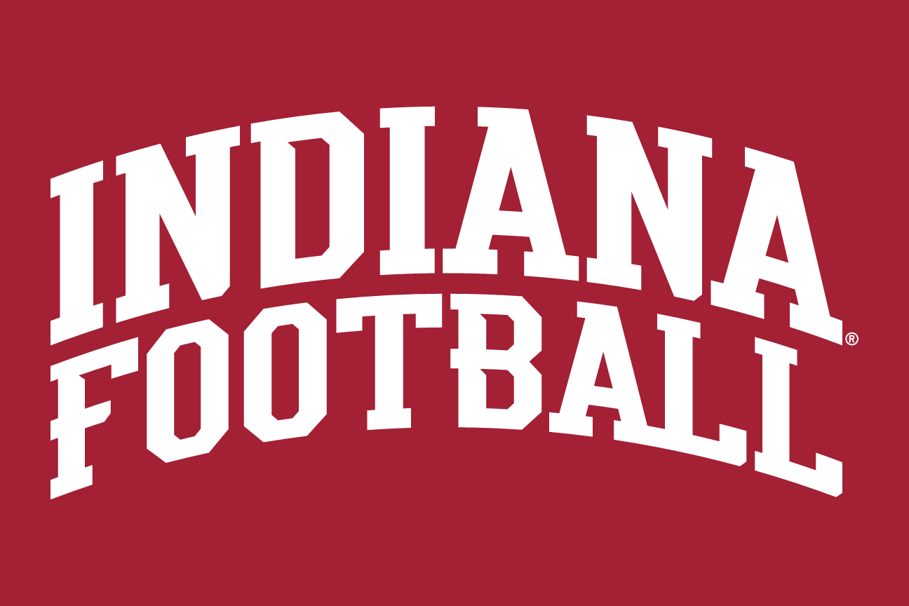 INDIANA FOOTBALL wordmark, arched white on red variant, cell 64