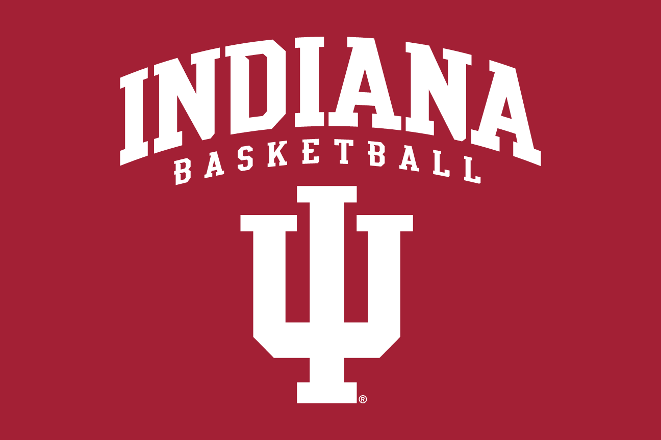 INDIANA BASKETBALL wordmark over IU lettermark, white on red variant, cell 70