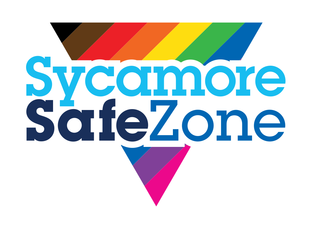 Sycamore SafeZone Unit Identifier, wordmark with rainbow triangle lockup variant