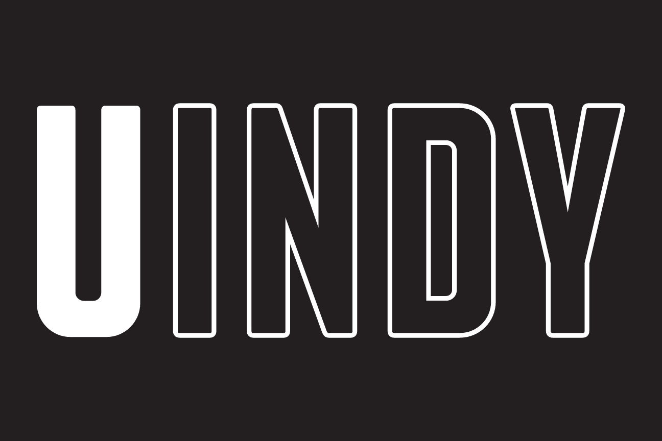 UINDY wordmark, white outline on black variant, cell 8