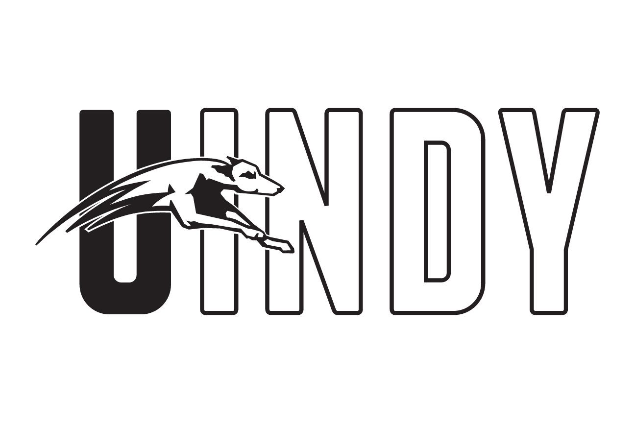 UINDY wordmark with greyhound, black outline variant, cell 15