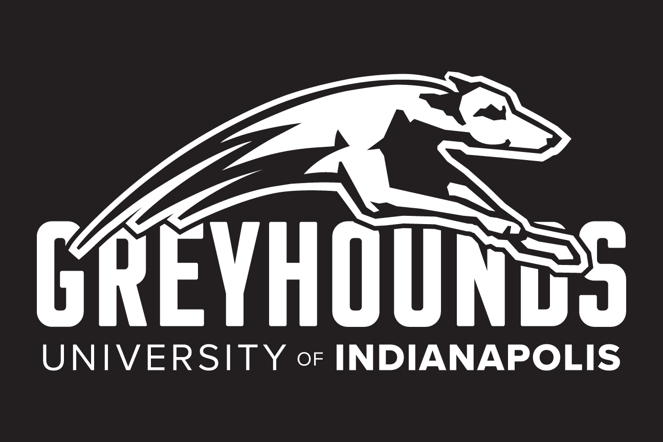 Greyhound mascot with wordmark, reverse variant, cell 25
