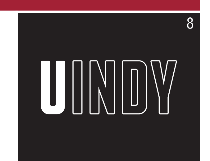 UINDY wordmark, white outline on black variant, cell 8