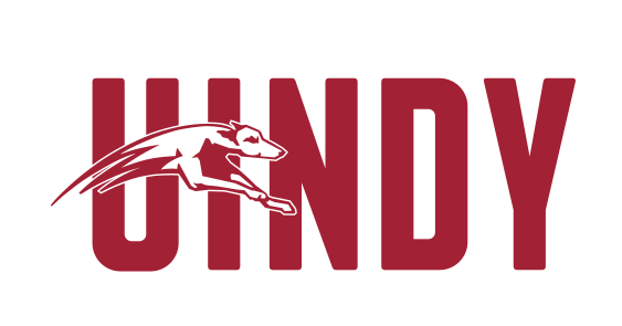 UINDY wordmark with greyhound, red variant, cell 9