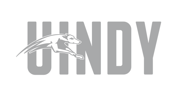 UINDY wordmark with greyhound, gray variant, cell 10