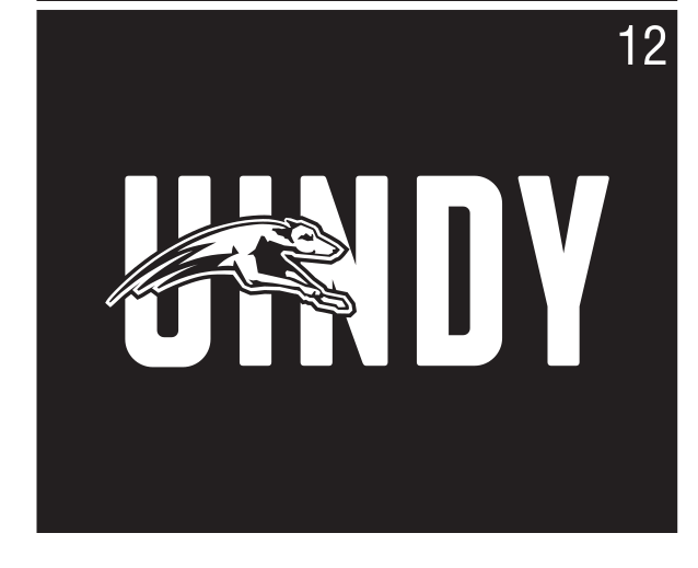UINDY wordmark with greyhound, white on black variant, cell 12