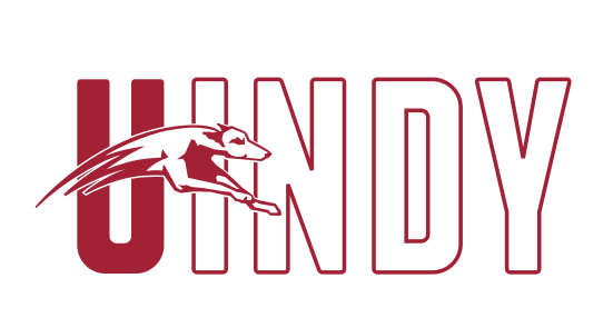 UINDY wordmark with greyhound, red outline variant, cell 13