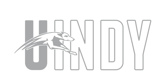 UINDY wordmark with greyhound, gray outline variant, cell 14