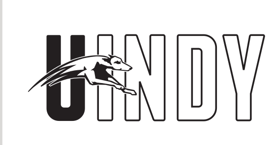 UINDY wordmark with greyhound, black outline variant, cell 15