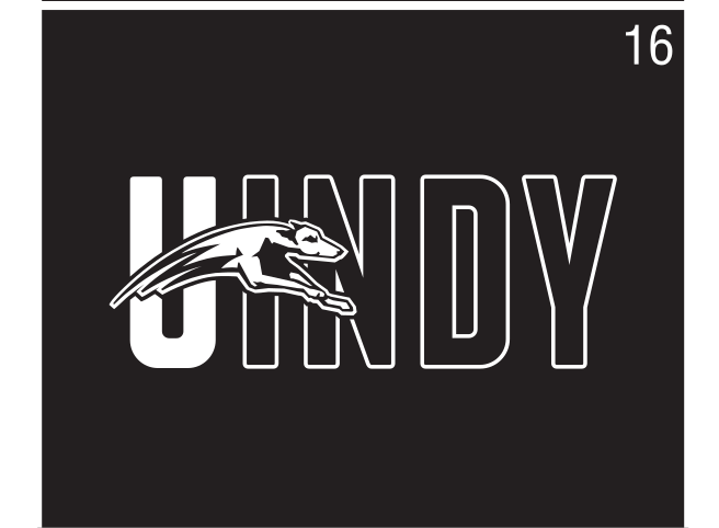 UINDY wordmark with greyhound, white outline on black variant, cell 16