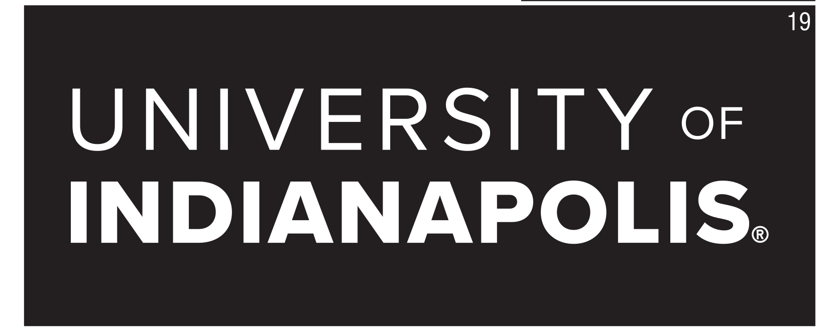 University of Indianapolis stacked wordmark, white on black variant, cell 19