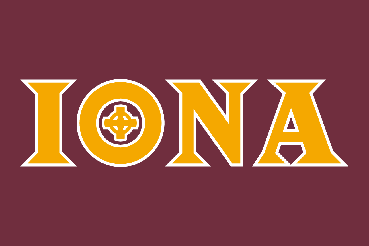 wordmark IONA with cross, white on maroon variant, cell 11
