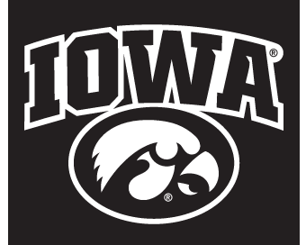 Iowa wordmark with Tigerhawk, white outline on black variant, cell 16