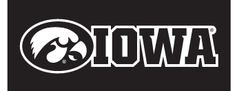 Iowa wordmark with Tigerhawk, white outline horizontal on black variant, cell 20