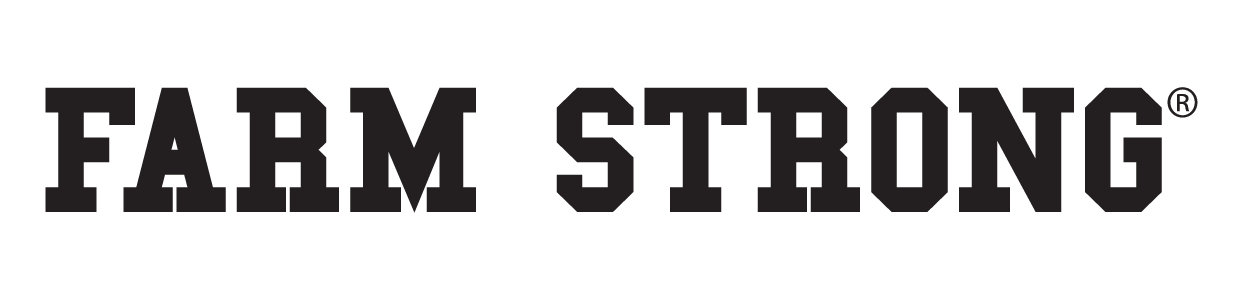 FARM STRONG wordmark, white text with black outline variant, cell 8