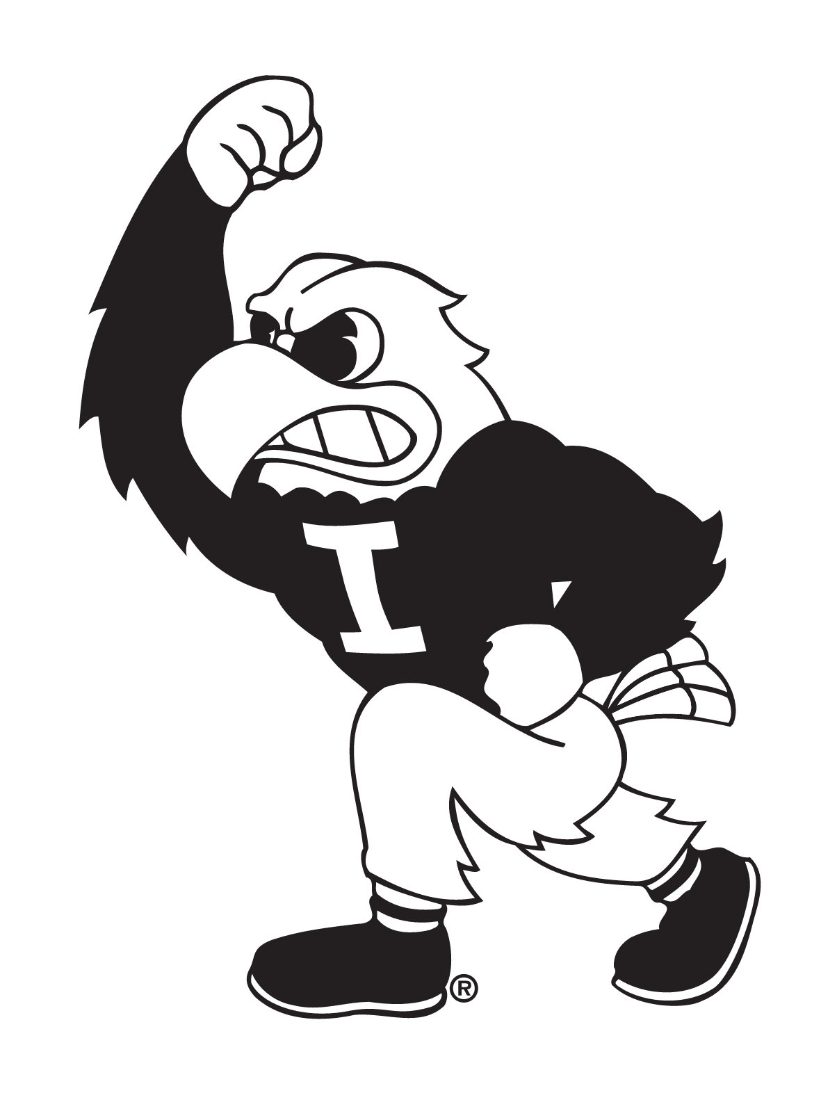 Herky the Hawk mascot, full body, black and white variant, cell 2