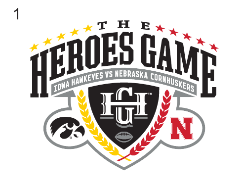 Heroes Game logo, full color with Iowa Hawkeyes and Nebraska Cornhuskers text variant, cell 1
