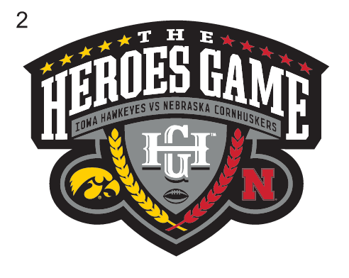 Heroes Game logo, black and white with Iowa Hawkeyes and Nebraska Cornhuskers text variant, cell 2