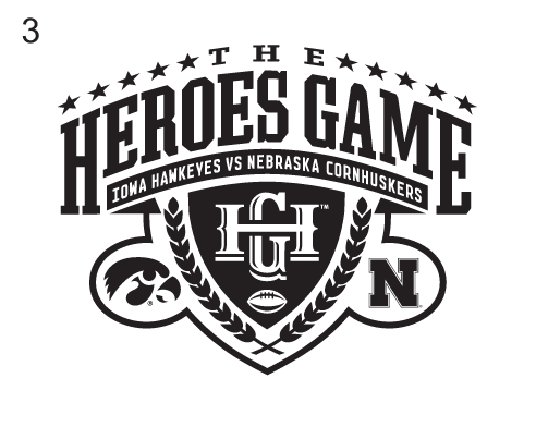 Heroes Game logo, black and white with Iowa Hawkeyes and Nebraska Cornhuskers text variant, cell 3