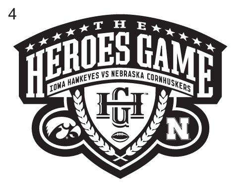 Heroes Game logo, black and white with Iowa Hawkeyes and Nebraska Cornhuskers text variant, cell 4