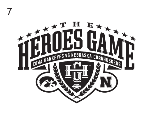 Heroes Game logo, black and white with Iowa Hawkeyes and Nebraska Cornhuskers text variant, cell 7