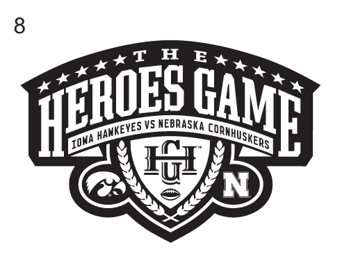 Heroes Game logo, black and white with Iowa Hawkeyes and Nebraska Cornhuskers text variant, cell 8