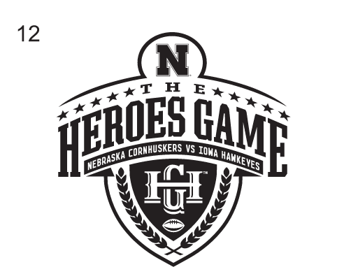 Heroes Game logo, black and white with Iowa Hawkeyes and Nebraska Cornhuskers text variant, cell 12