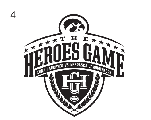 Heroes Game logo, black and white with Iowa Hawkeyes and Nebraska Cornhuskers text variant, cell 14