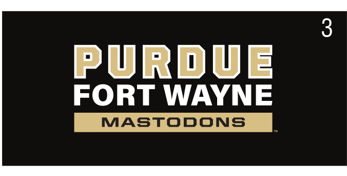 Purdue Fort Wayne Mastodons wordmark, gold outline/solid on black variant, cell 34