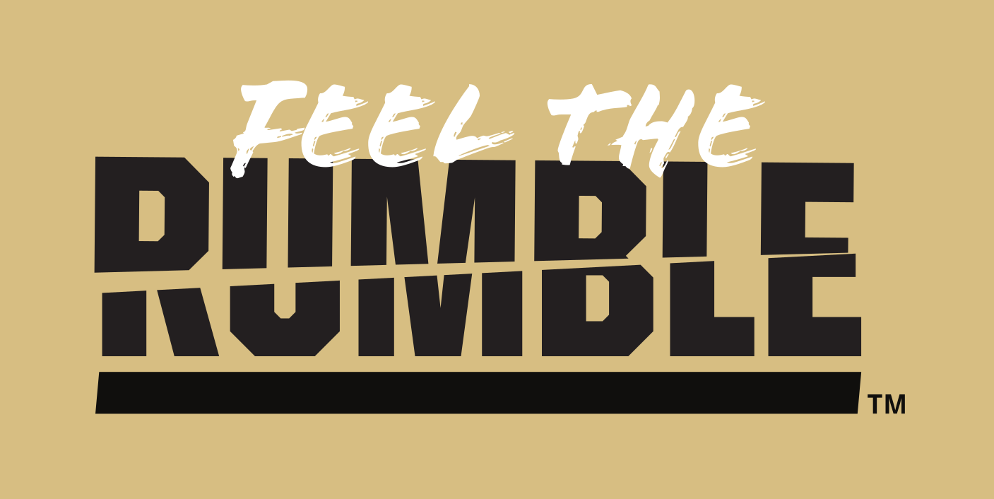 Feel the Rumble wordmark, white and black on gold variant, cell 72