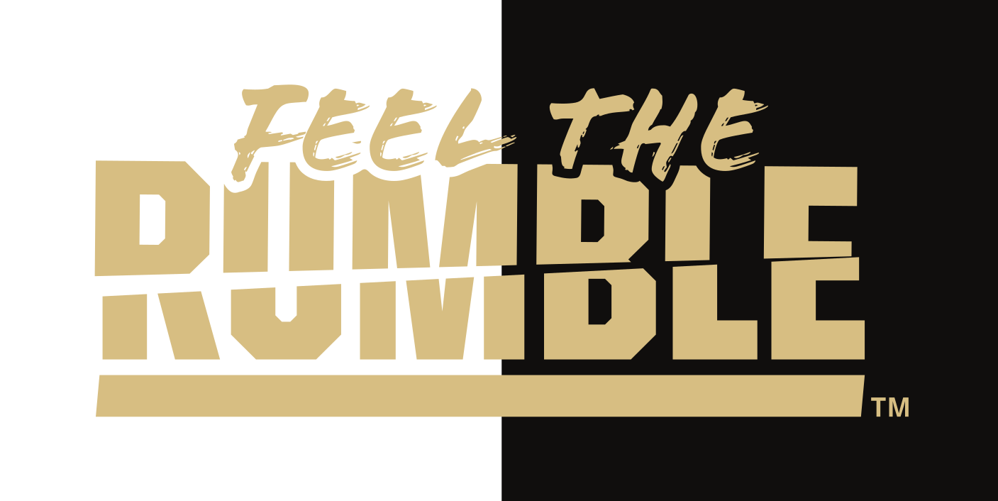Feel the Rumble wordmark, gold on white/black split variant, cell 76