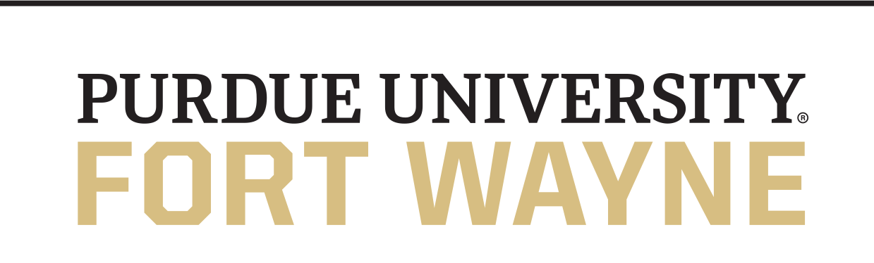 Purdue University Fort Wayne signature logo, gold and black on white variant, cell 77