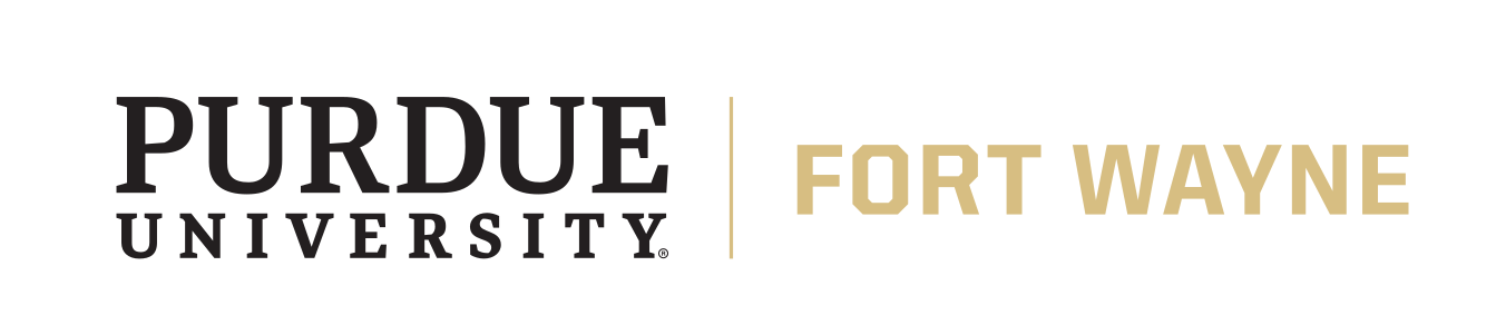 Purdue University Fort Wayne horizontal lockup, gold and black on white variant, cell 84