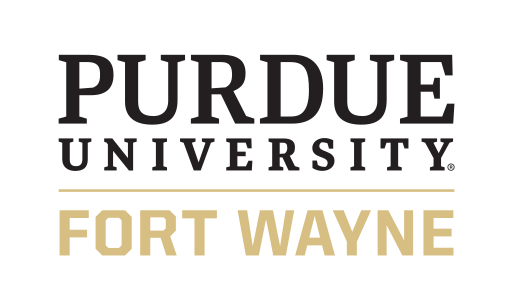 Purdue University Fort Wayne vertical lockup, gold and black on white variant, cell 86