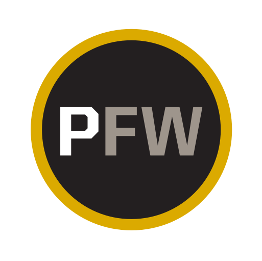 PFW monogram, black circle, gold border variant, cell 98