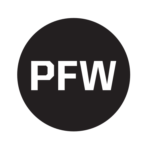 PFW monogram, black circle, white text variant, cell 100