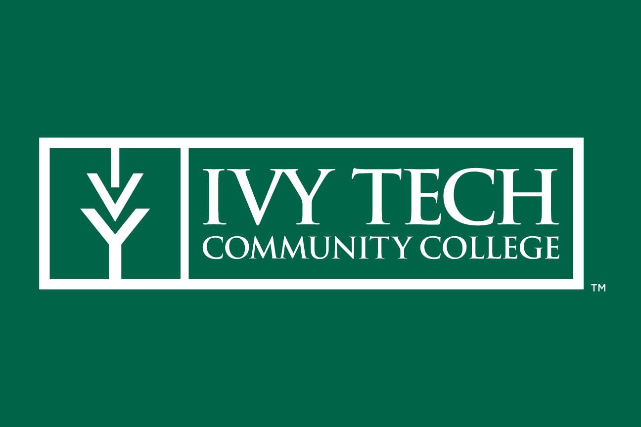 Ivy Tech Community College logo, horizontal reverse on green variant, cell 4