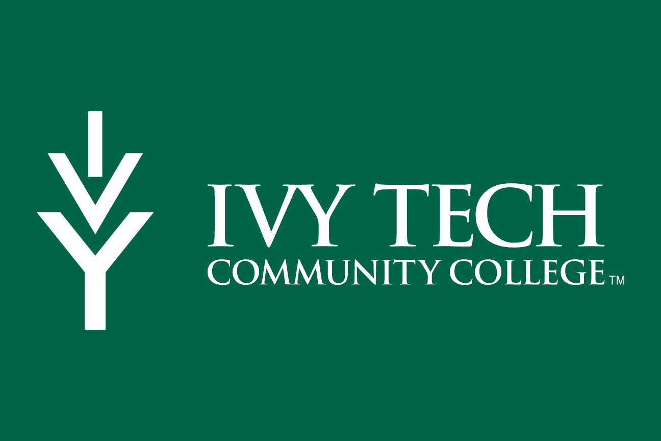 Ivy Tech Community College logo, horizontal reverse on green variant, cell 28
