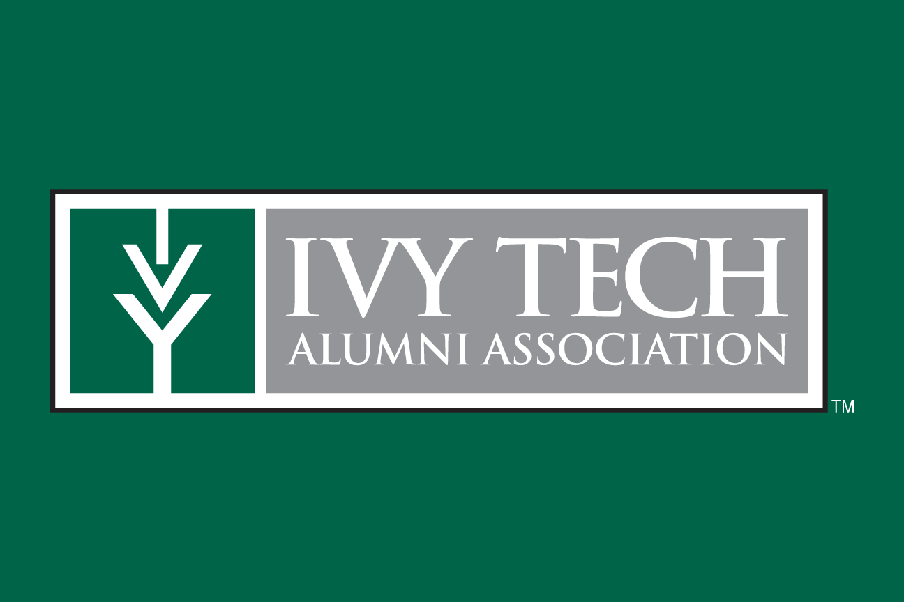 Ivy Tech Alumni Association logo, horizontal, white on green variant, cell 40
