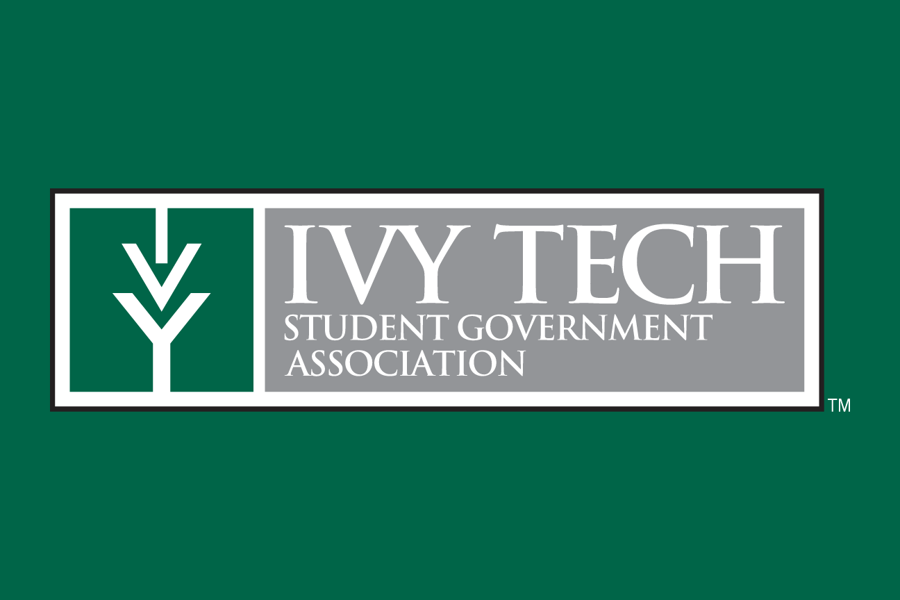 Ivy Tech Student Government Association logo, horizontal, white on green variant, cell 56