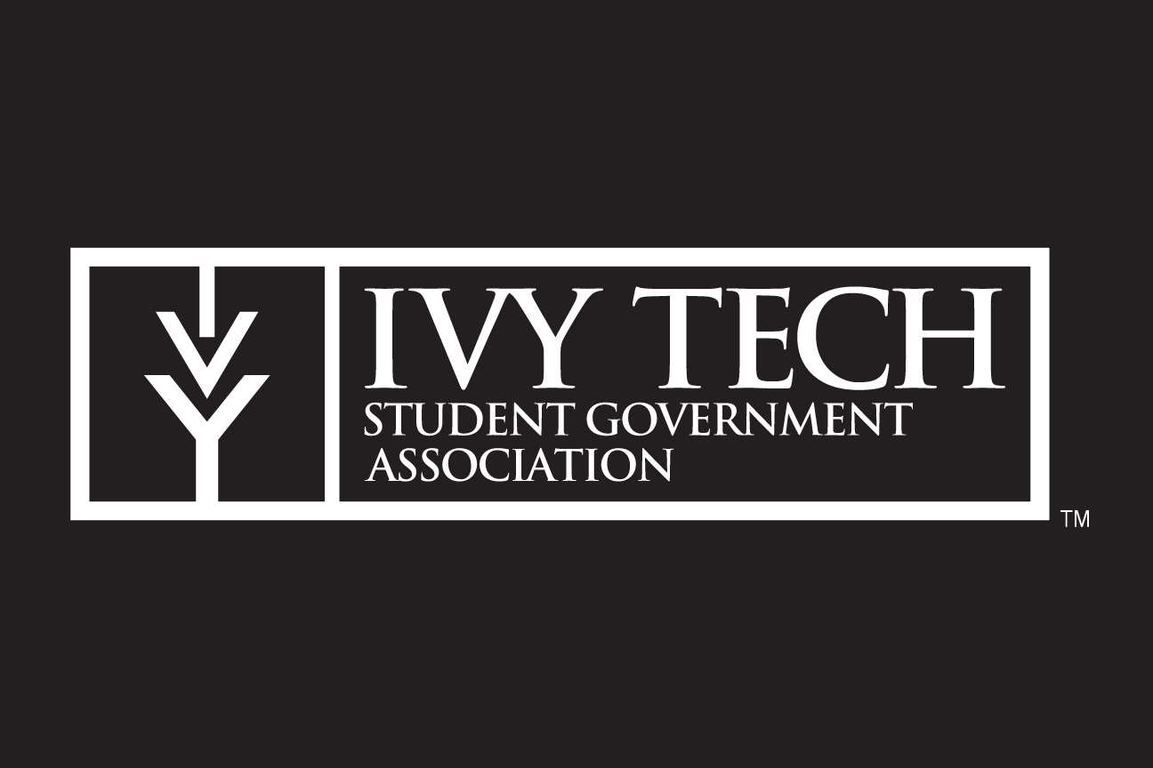 Ivy Tech Student Government Association logo, horizontal, white on black variant, cell 58