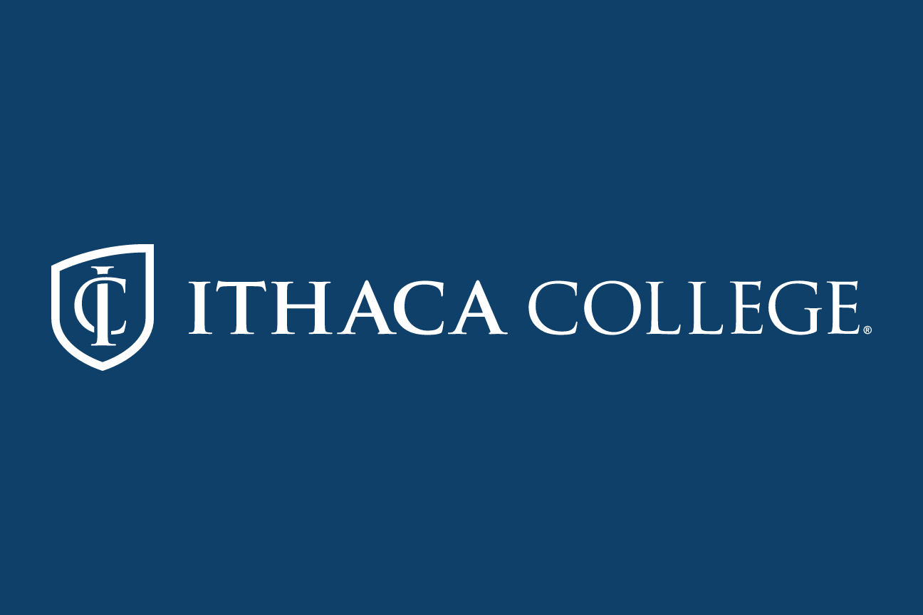 Ithaca College logo, horizontal, white on blue variant, cell 3