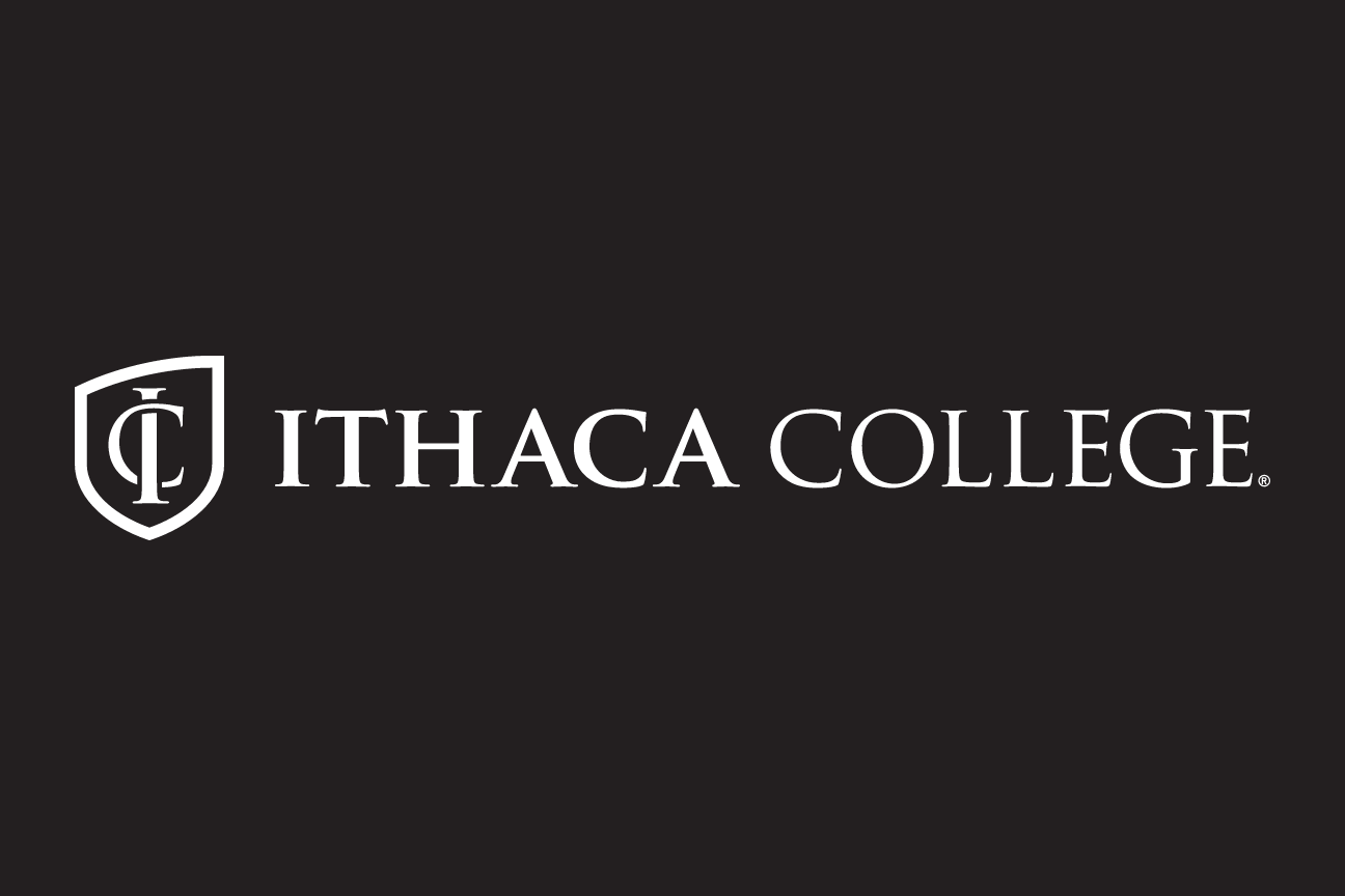 Ithaca College logo, horizontal, white on black variant, cell 4