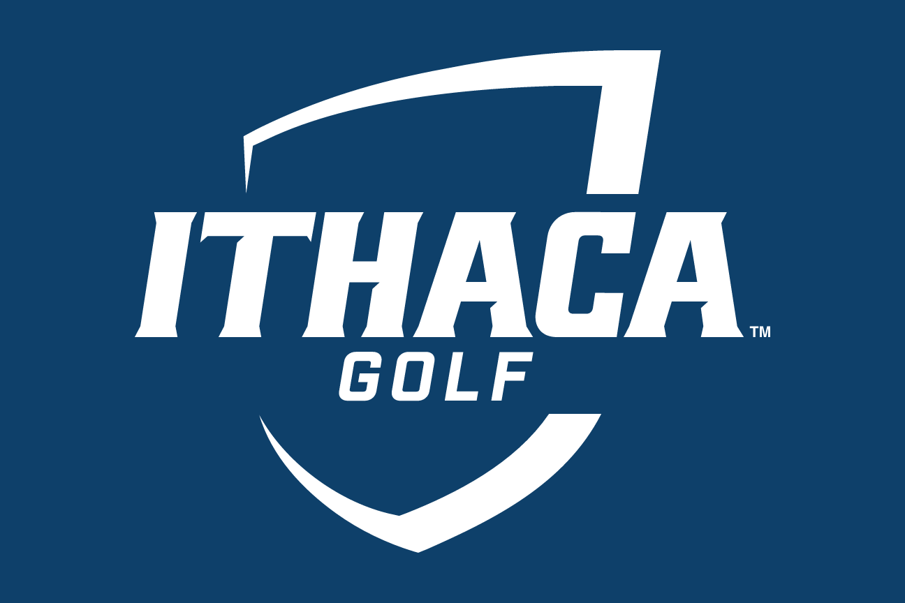 Ithaca College Golf logo, white reverse on navy variant, cell 86
