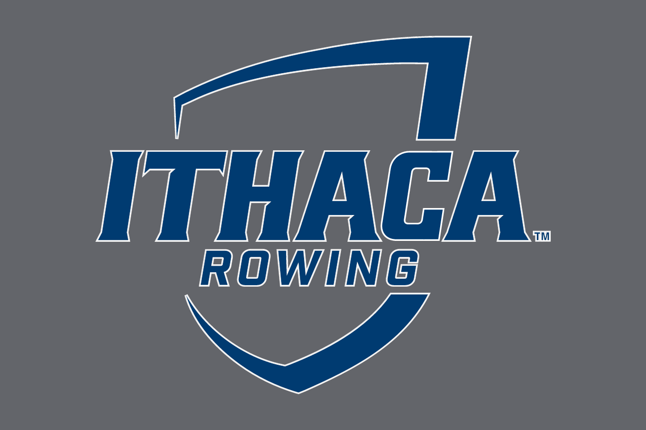 Ithaca Rowing logo, blue and white on grey variant, cell 112