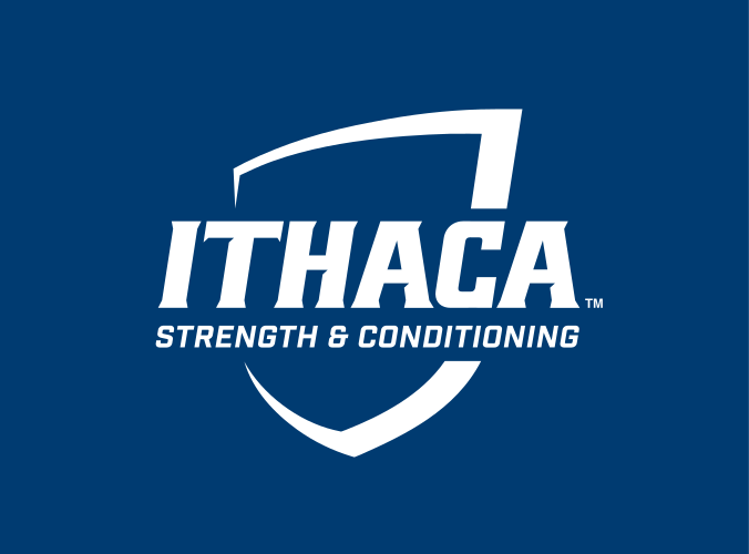 Ithaca shield with Strength & Conditioning, white on navy variant, cell 136