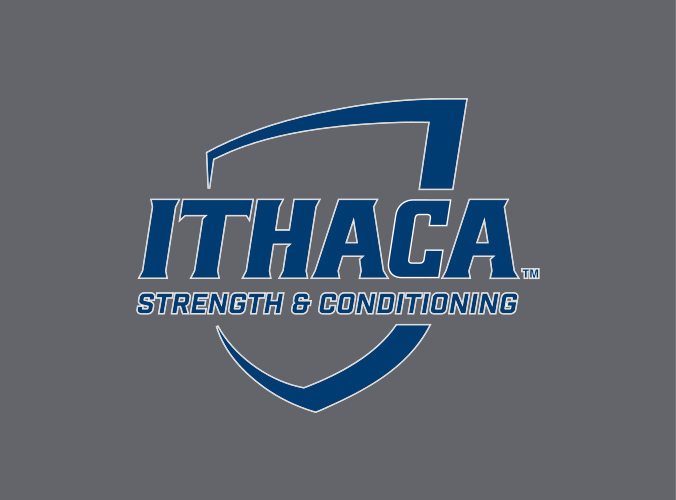 Ithaca shield with Strength & Conditioning, navy and white on grey variant, cell 137
